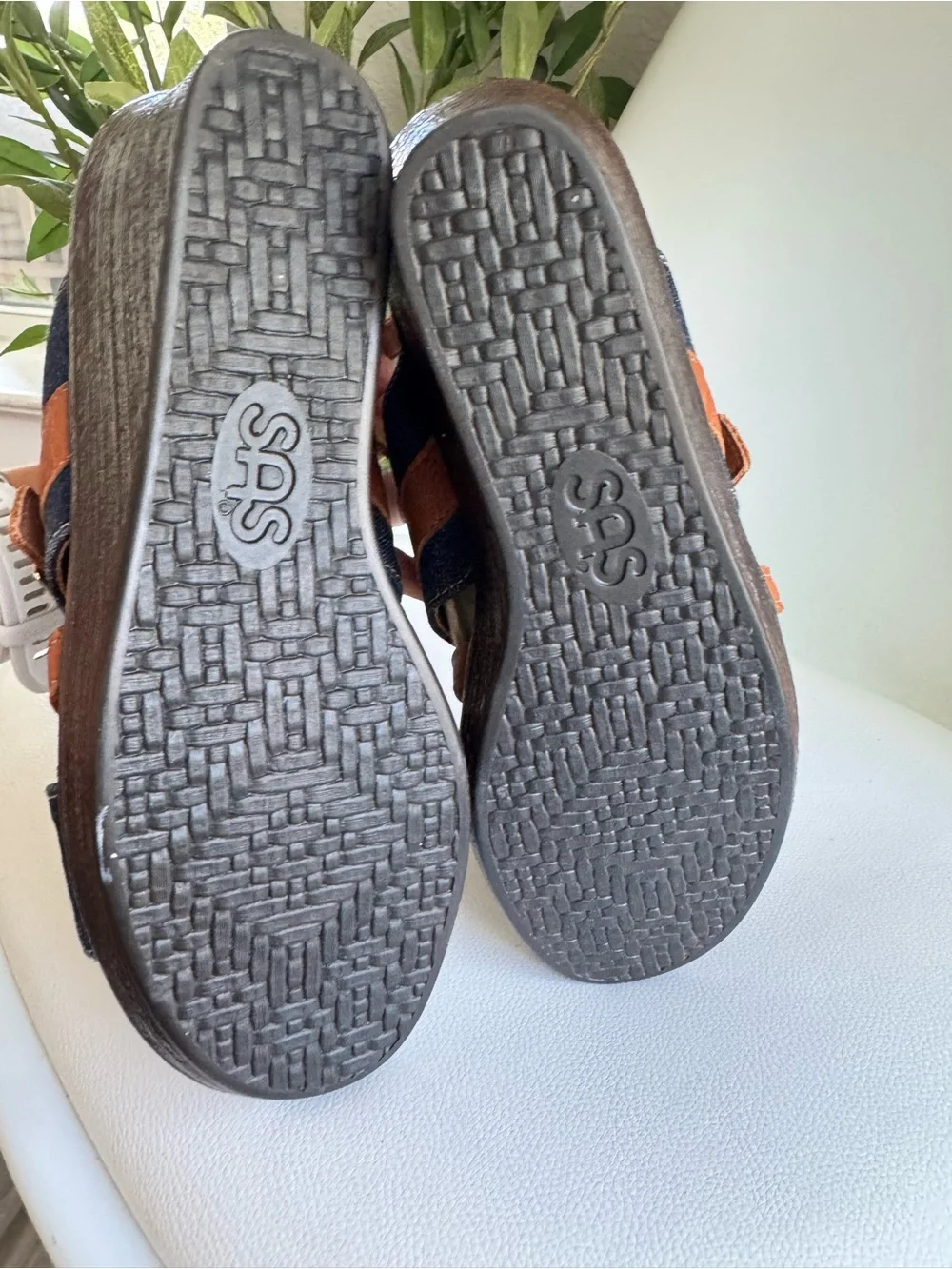 SAS Layla Denim Leather Wedge Sandals Women's 7.5 M Blue Brown Made in USA